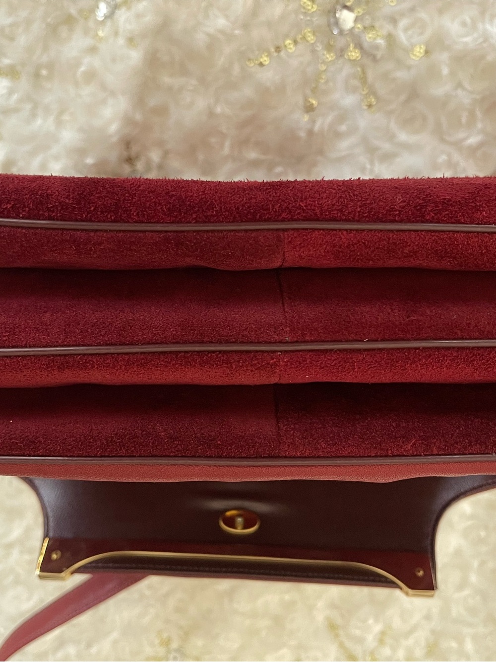 Vintage Susan Gail Burgundy Suede Shoulder Bag with Gold Accent - Picture 9 of 11